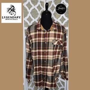 Legendary Whitetails Men's Tan Burgundy Plaid Buck Camp Flannel Shirt 2XLT
